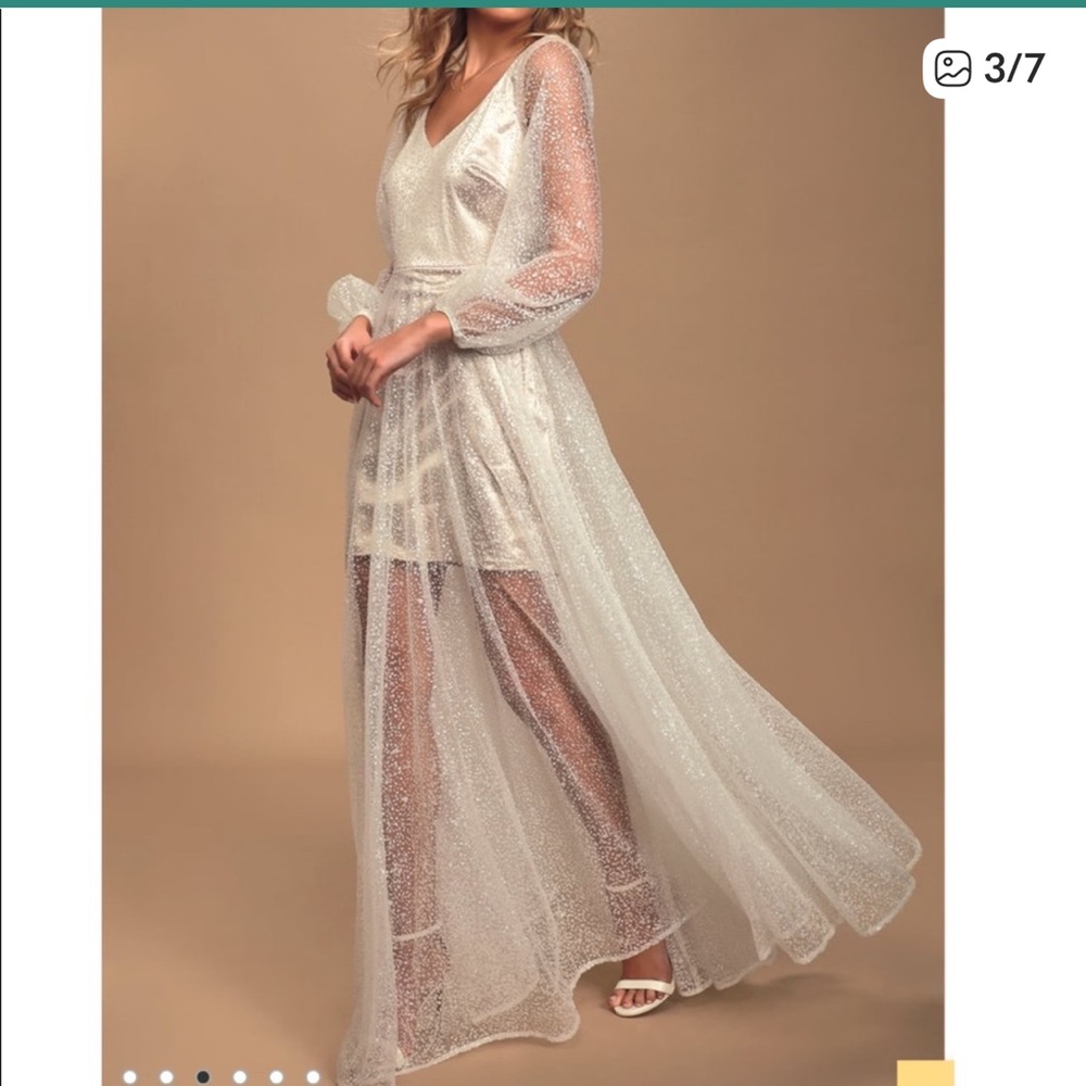 Lulu's Ivory Sheer Sparkle Maxi Gown with Detachable Slip